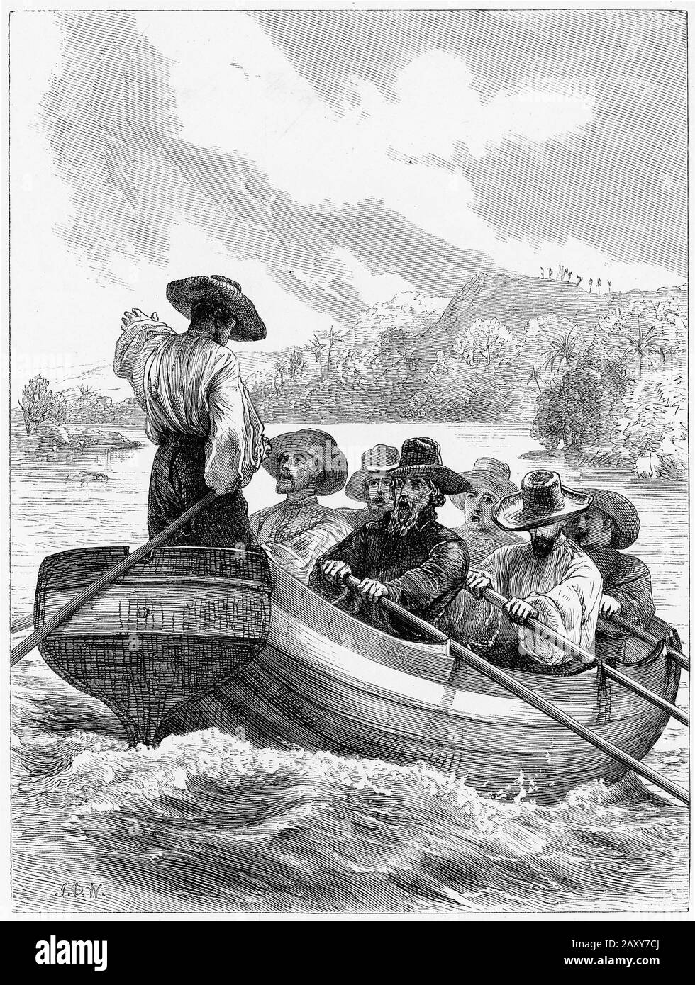 Engraving of men singing as they row their boat Stock Photo