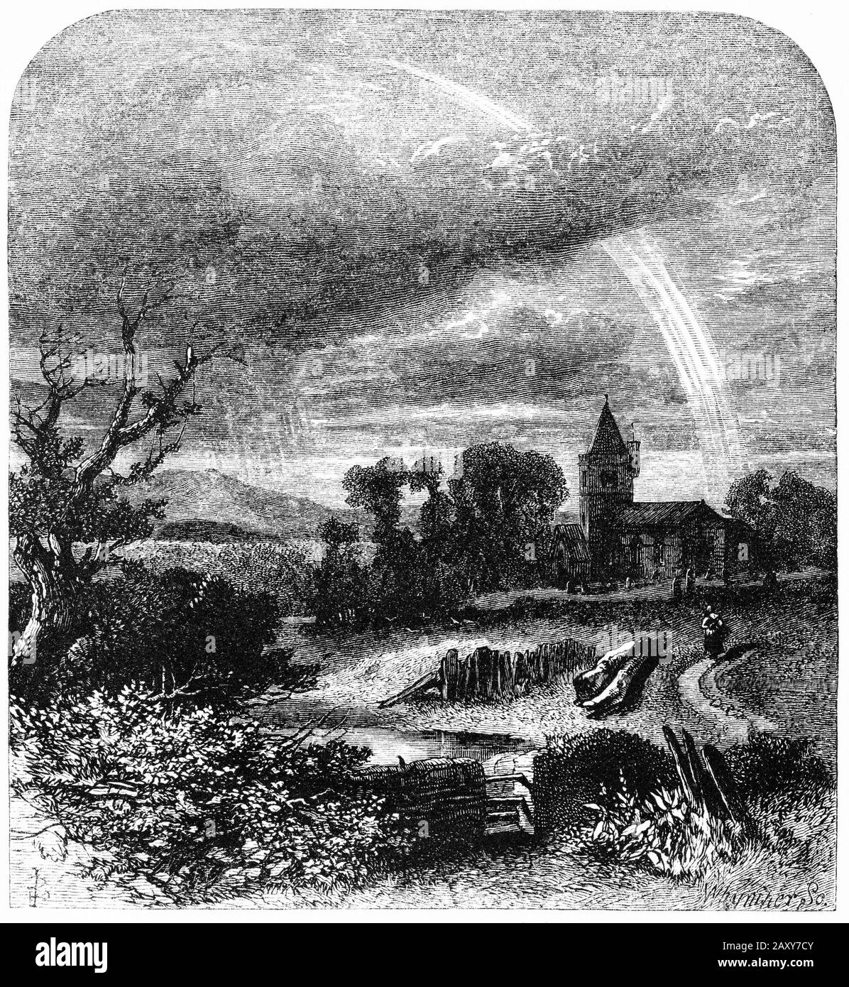Engraving of a rainbow after the rain over an English setting Stock Photo
