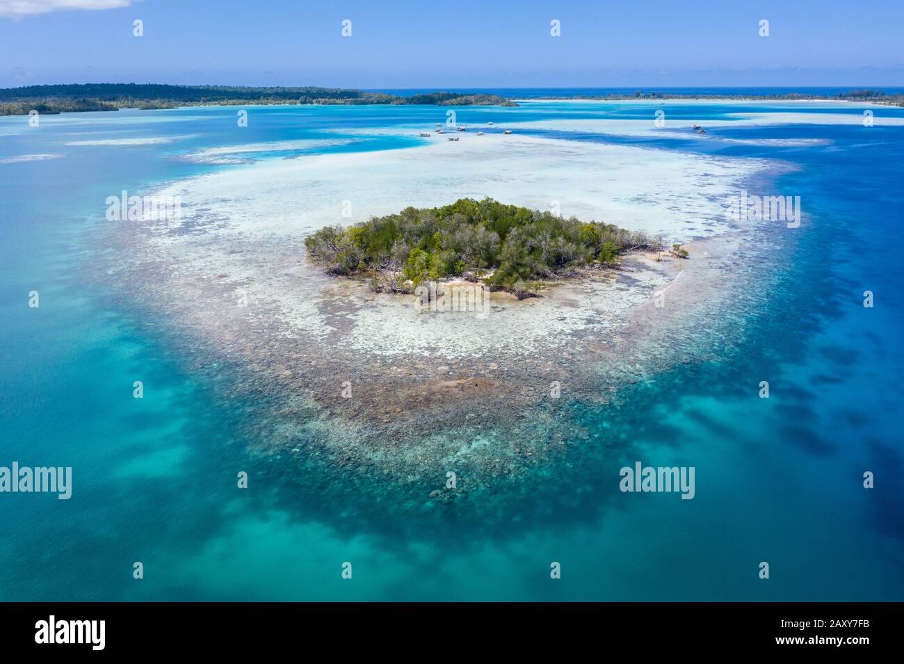 A remote, tropical island in the Molucca Sea, Indonesia, is surrounded by a healthy coral reef. This region is home to incredible marine biodiversity. Stock Photo
