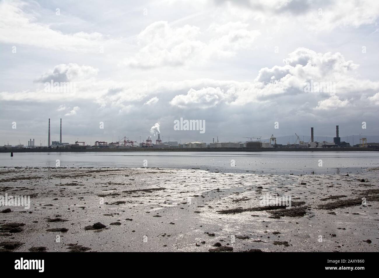 Misty view from across the water on Poolberg peninsula, with the chimneys of the power generation station and industrial cranes and harbour buildings Stock Photo