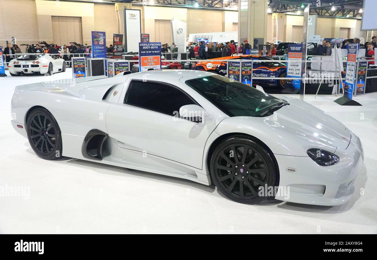 Philadelphia, Pennsylvania, U.S.A - February 9, 2020 - The side view of the pearly white color of SSC Ultimate Aero supercar Stock Photo