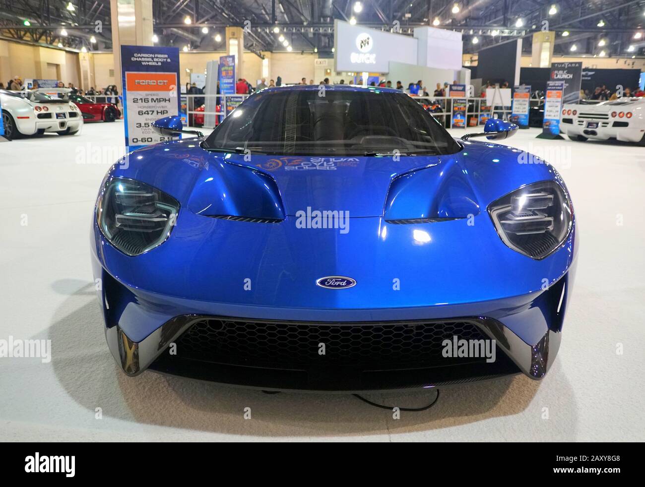 Philadelphia, Pennsylvania, U.S.A - February 10, 2020 - The front view of the blue Ford GT Configurator Supercar Stock Photo