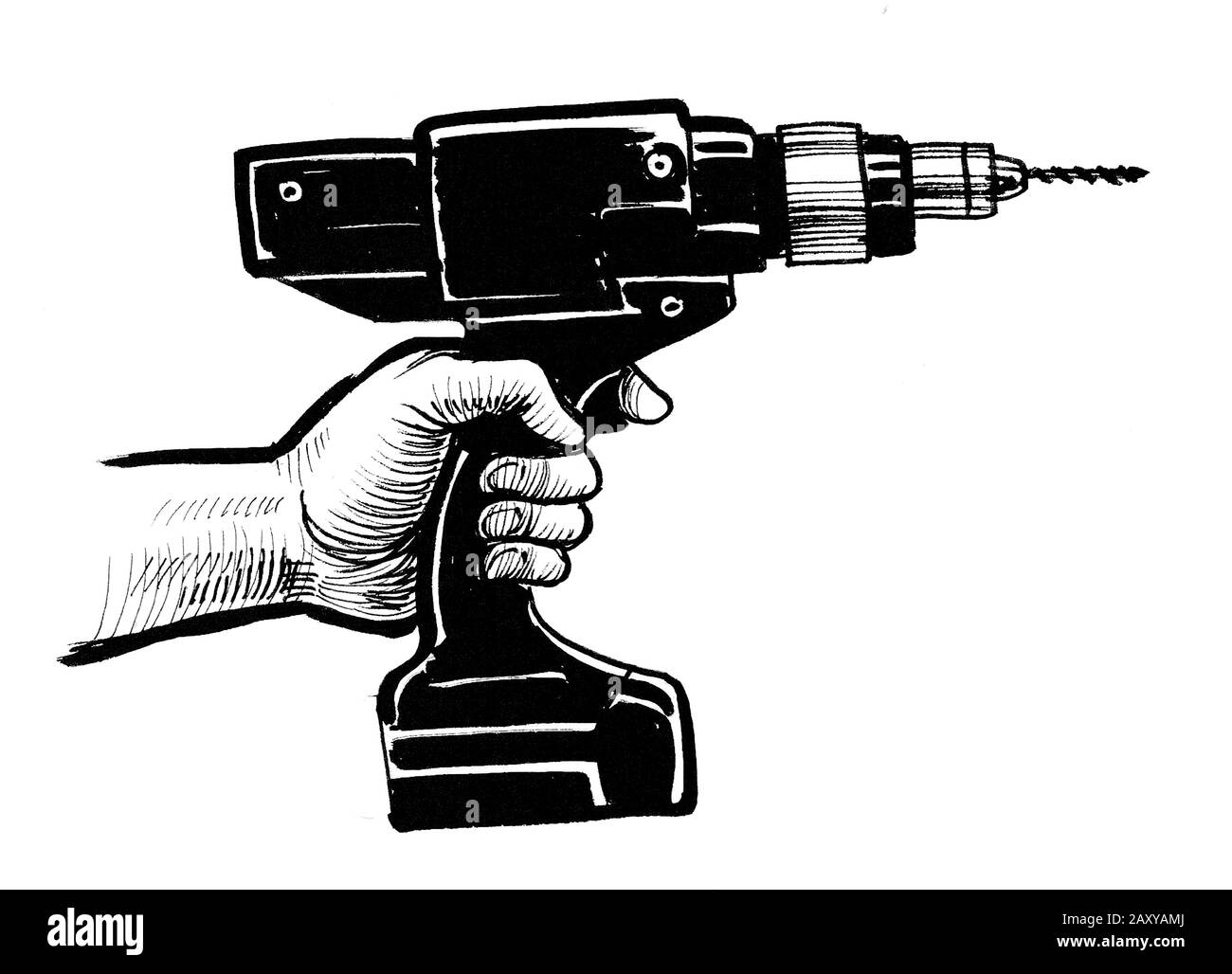 Hand with electric hand drill. Ink black and white drawing Stock Photo