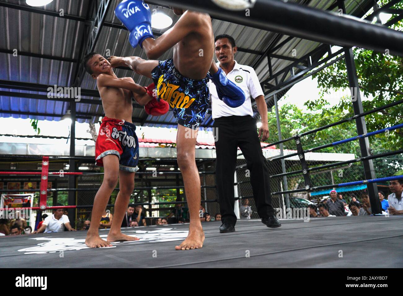 Children Muay Thai fighting competition at Ayutthaya, Thailand Stock