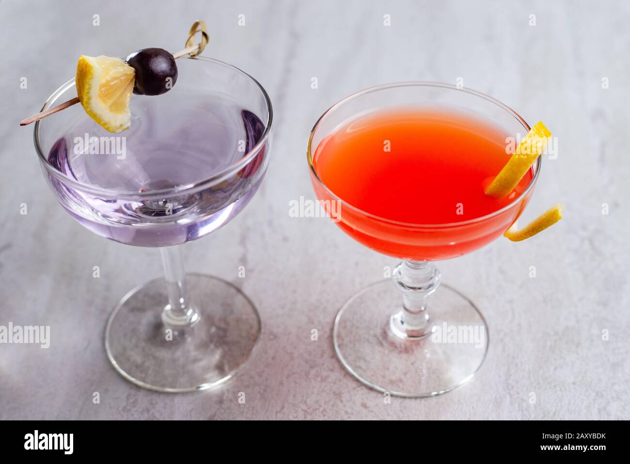 Classic colorful cocktails, the Aviation and Scofflaw Cocktail Stock Photo