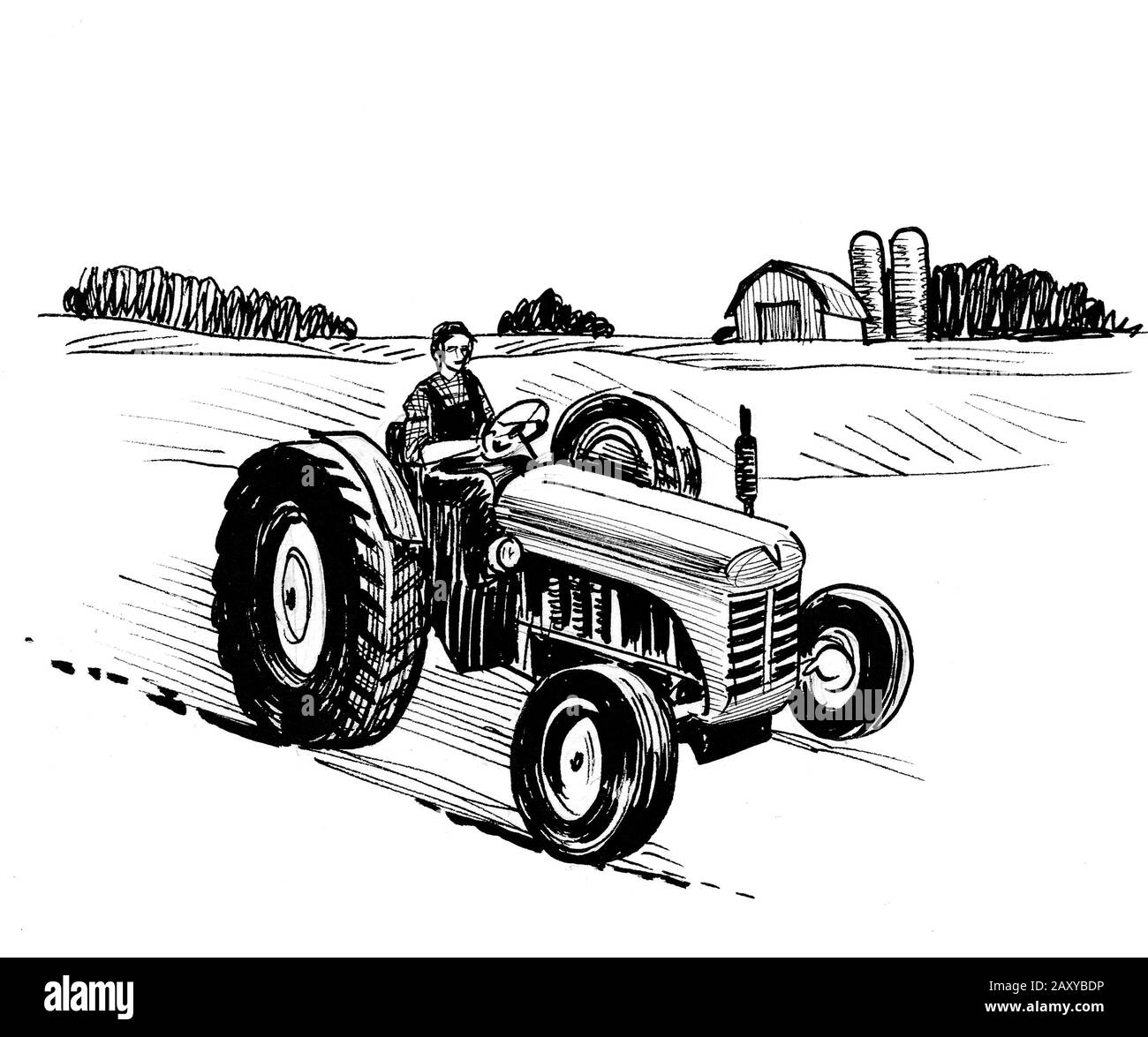 Farmer on tractor.Ink black and white drawing Stock Photo