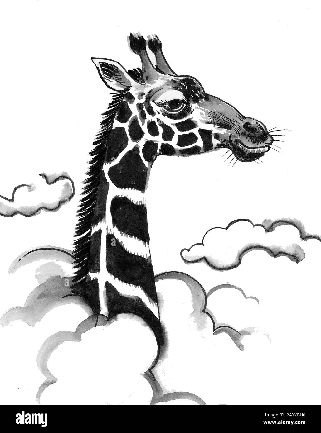 Giraffe in the sky. Ink black and white drawing Stock Photo