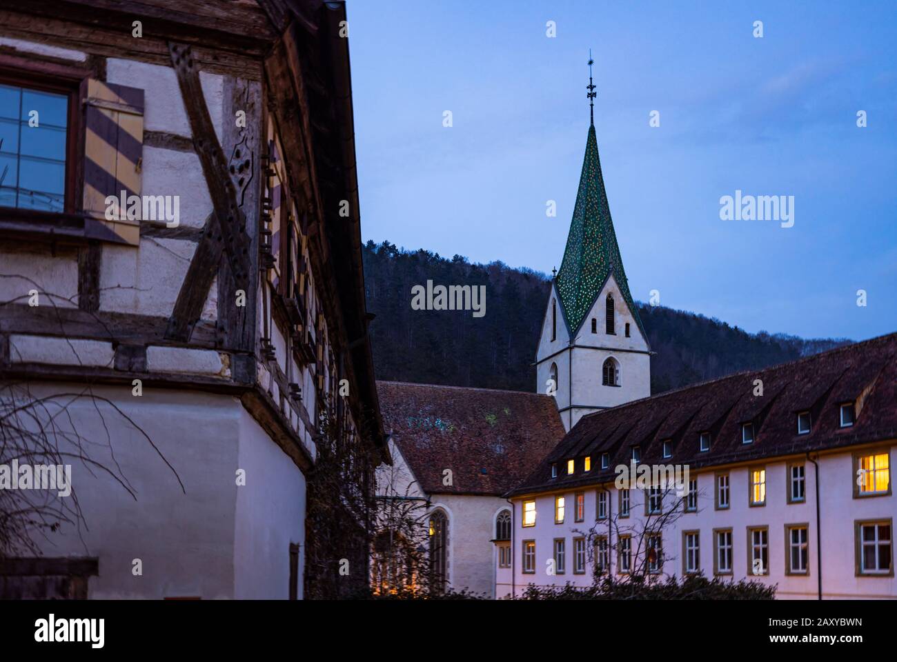 Blaubeuren Abbey at night, long exposure. Stock Photo
