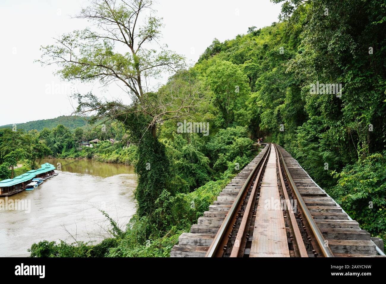Walking along the train tracks of the Death Railway near Tham Krasae Bridge, Thailand Stock Photo