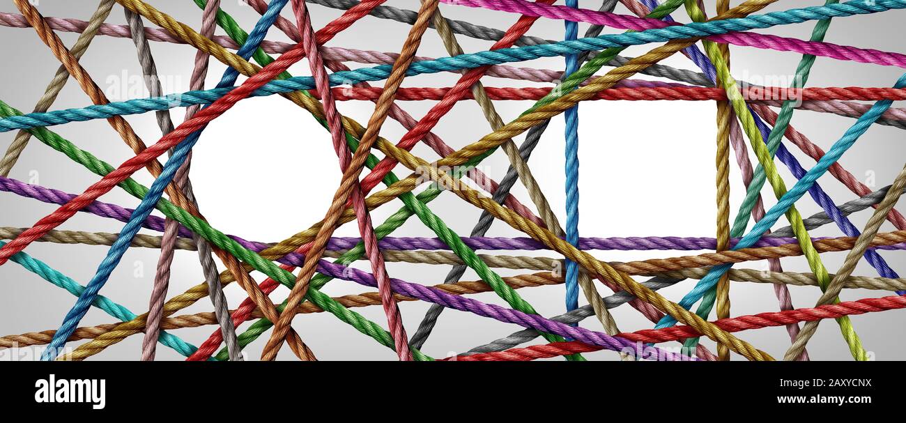 Business groups abstract concept as diversity connection of square and circle group teamwork shaped with ropes creating a two connected networks. Stock Photo