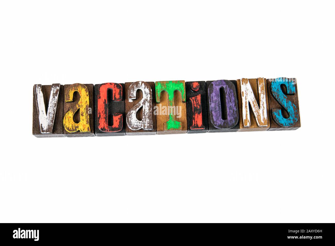 Vacations. Holidays, summer, family and recreation concept. Colored wooden letters on a white background Stock Photo