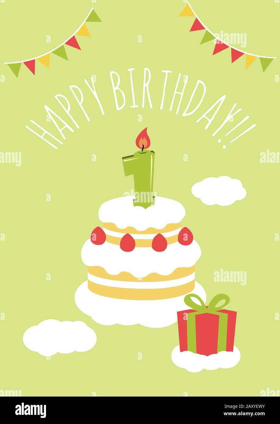 Birthday card (invitation/greeting). Birthday cake illustration ( 1 year old) Stock Vector