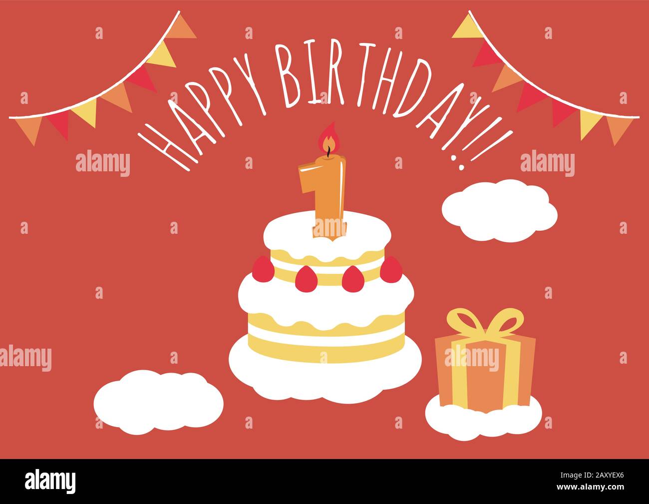 Birthday card (invitation/greeting). Birthday cake illustration ( 1 year old) Stock Vector