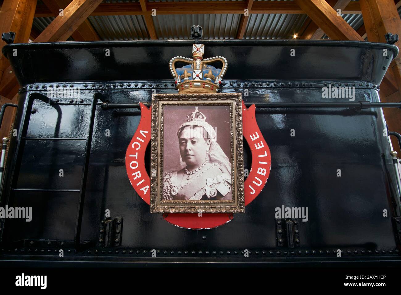 Photograph of Queen Victoria on the Restored CPR Engine 374 at the Roundhouse in Yaletown, Vancouver, British Columbia, Canada. Stock Photo