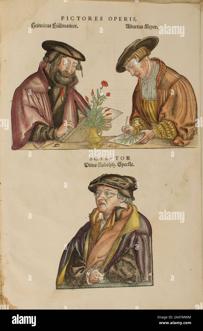 16th century Illustrators at work sketching a flower for Leonhart Fuchs books of herbs De Historia Stirpium Commentarii Insignes Published in Basel in 1542 Heinrich F?llmauer, Albrecht Meyer, and Veit Rudolf Speckle. The original manuscript this image is taken from shows signs of water damage Stock Photo
