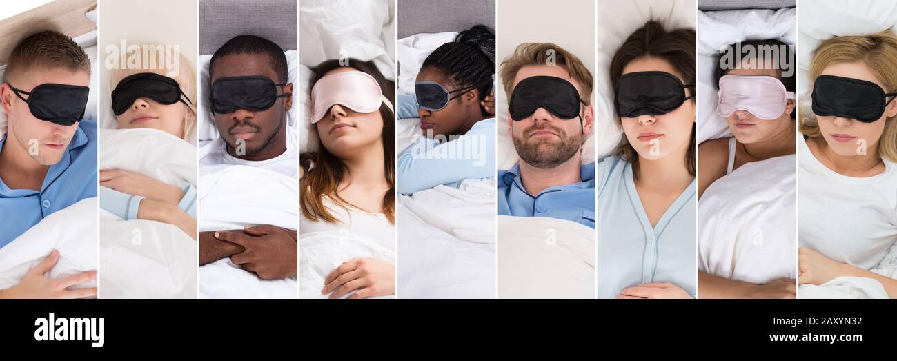 Wearing Sleeping Mask Collage. Diverse Group Of People Stock Photo