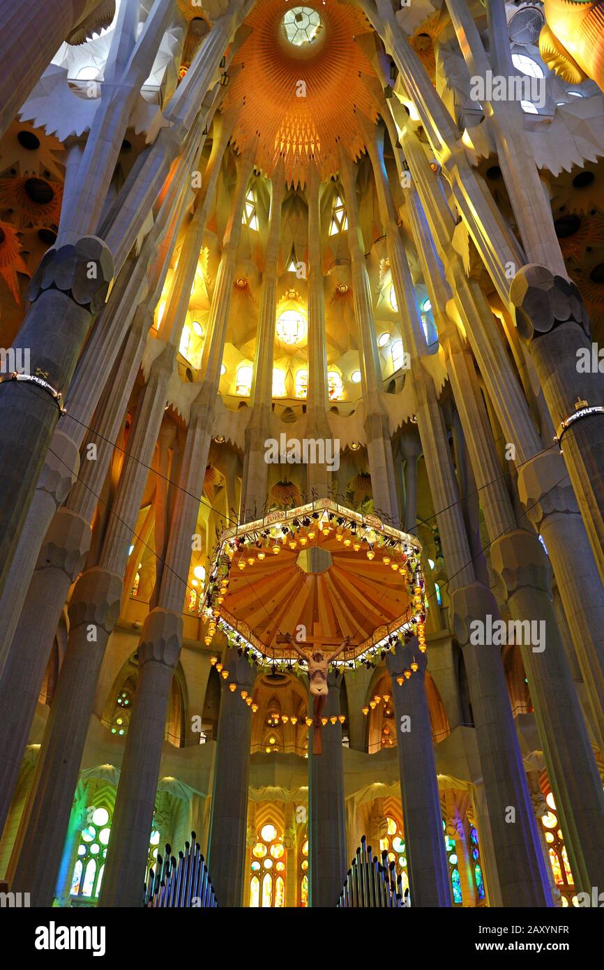 Cathedral of La Sagrada Familia. It is designed by architect Antonio Gaudi and is being built since 1882 with the donations of people Stock Photo