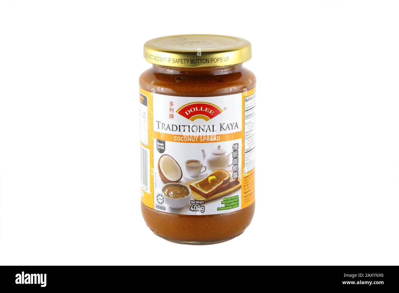 A jar of Dollee brand Traditional Kaya coconut jam isolated on a white background. cutout image for illustration and editorial use. Stock Photo