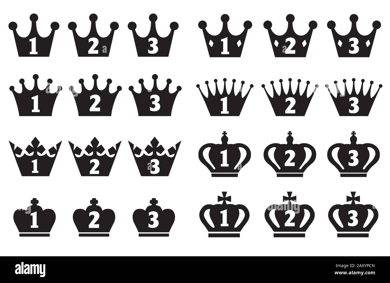 Ranking crown icon set ( from 1st place to 3rd place / black ) Stock Vector