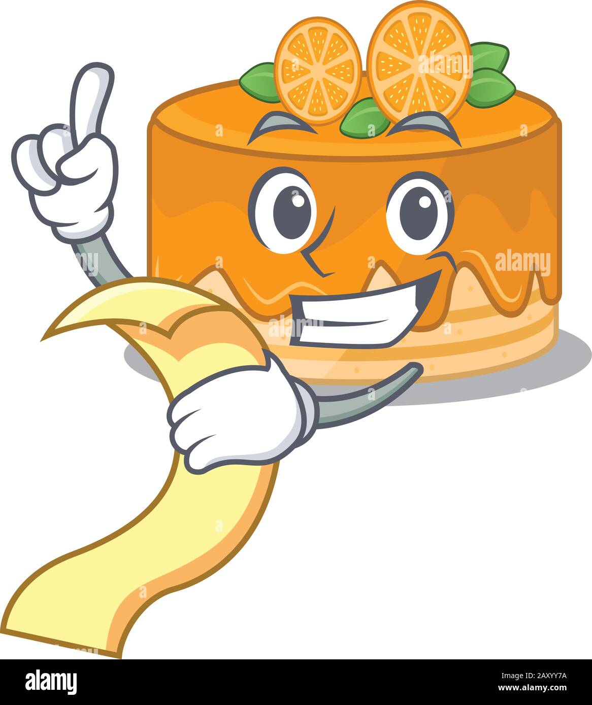A funny cartoon character of orange cake holding a menu Stock Vector