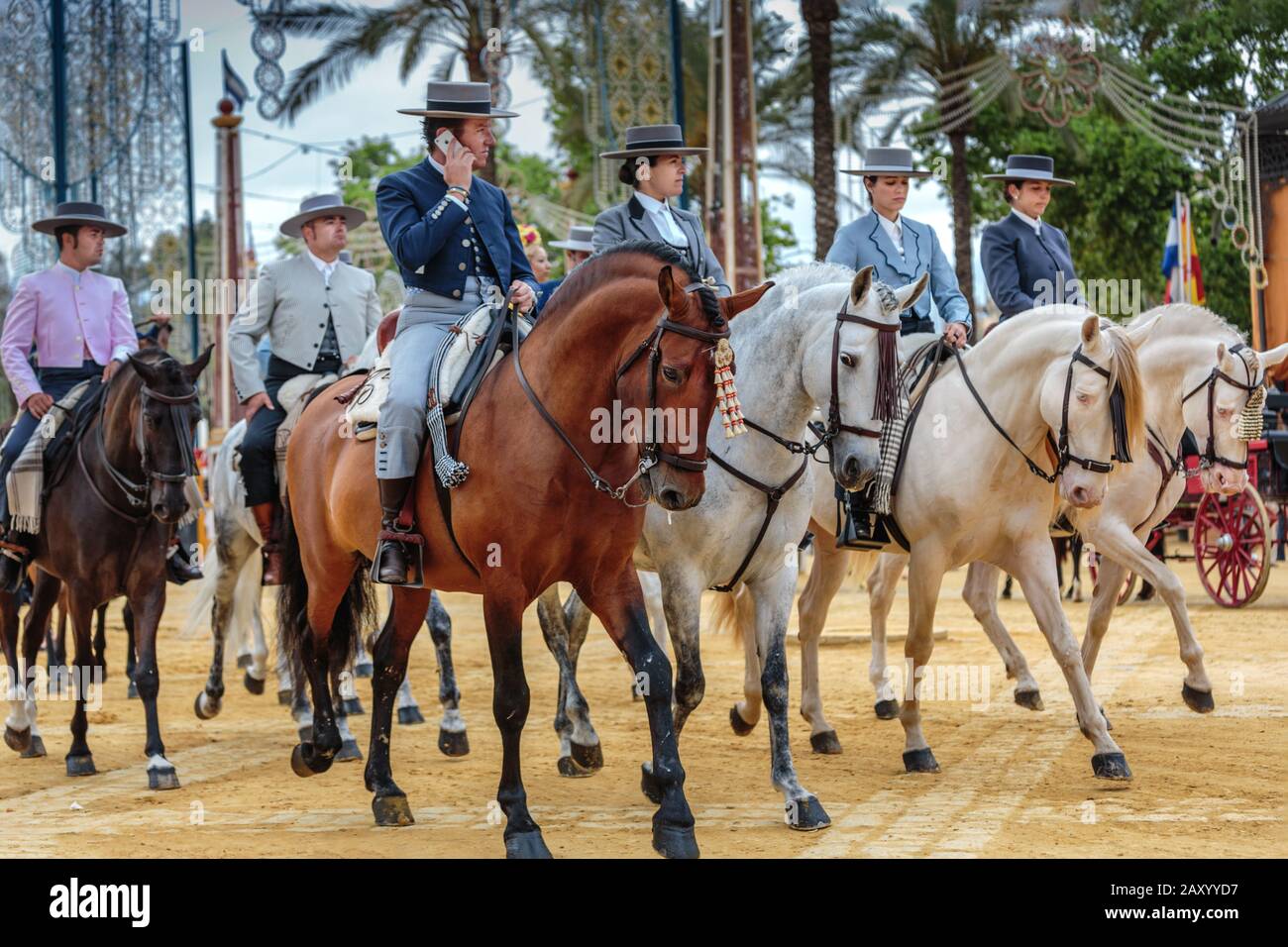 Riders and horses in traditional festive dress, Jerez Horse Fair (Feria de Caballo) , Jerez de la Frontera, Cádiz Province, Andalusia, Spain Stock Photo
