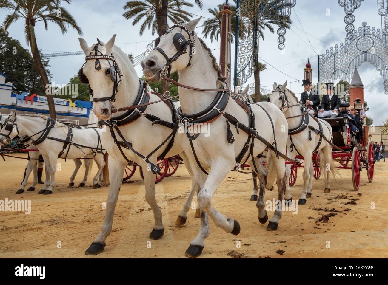 Traditional decorated horse-drawn carriages, Jerez Horse Fair (Feria de Caballo) , Jerez de la Frontera, Cádiz Province, Andalusia, Spain Stock Photo