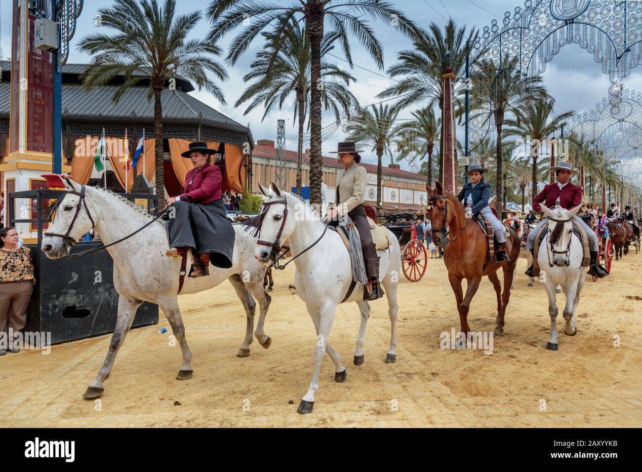 Riders and horses in traditional festive dress, Jerez Horse Fair (Feria