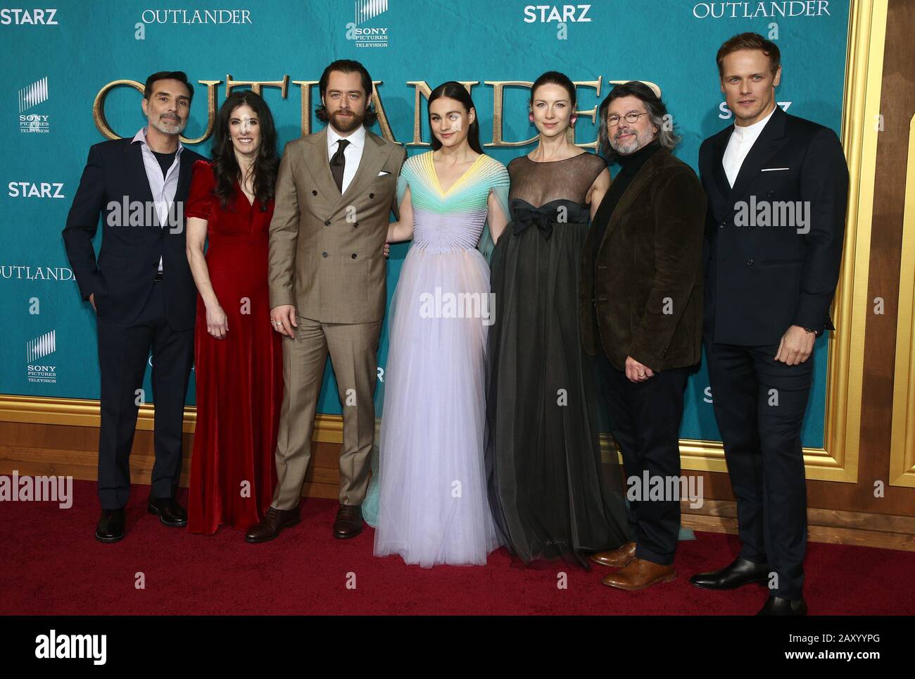 13 February 2020 - Hollywood, California - Matthew B. Roberts, Maril Davis, Richard Rankin, Sophie Skelton, Caitriona Balfe, Ronald D. Moore and Sam Heughan. the Premiere Of Starz's ''Outlander'' Season 5 held at Hollywood Palladium. (Credit Image: © Fs/AdMedia via ZUMA Wire) Stock Photo