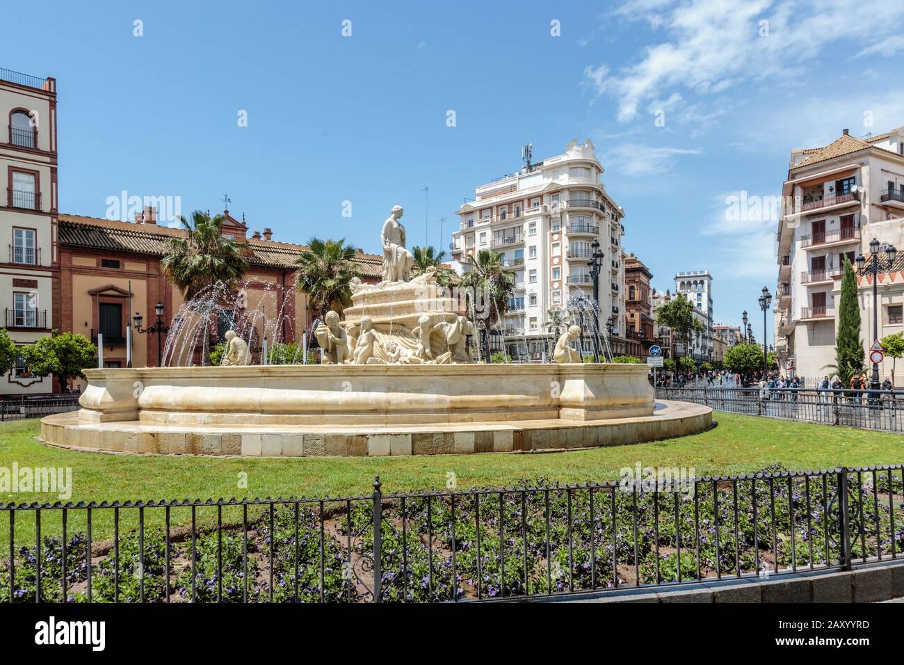 The water Fountain of Hispalis with nereid sea nymphs close to Puerta de Jerez ( Jerez Gate) in Seville,  Spain Stock Photo