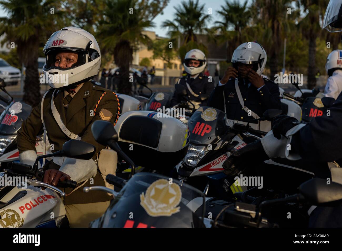 Mounted police officers parade ahead of President Cyril Ramaphosa's 2020 State of the Nation address at the South African Parliament in Cape Town Stock Photo