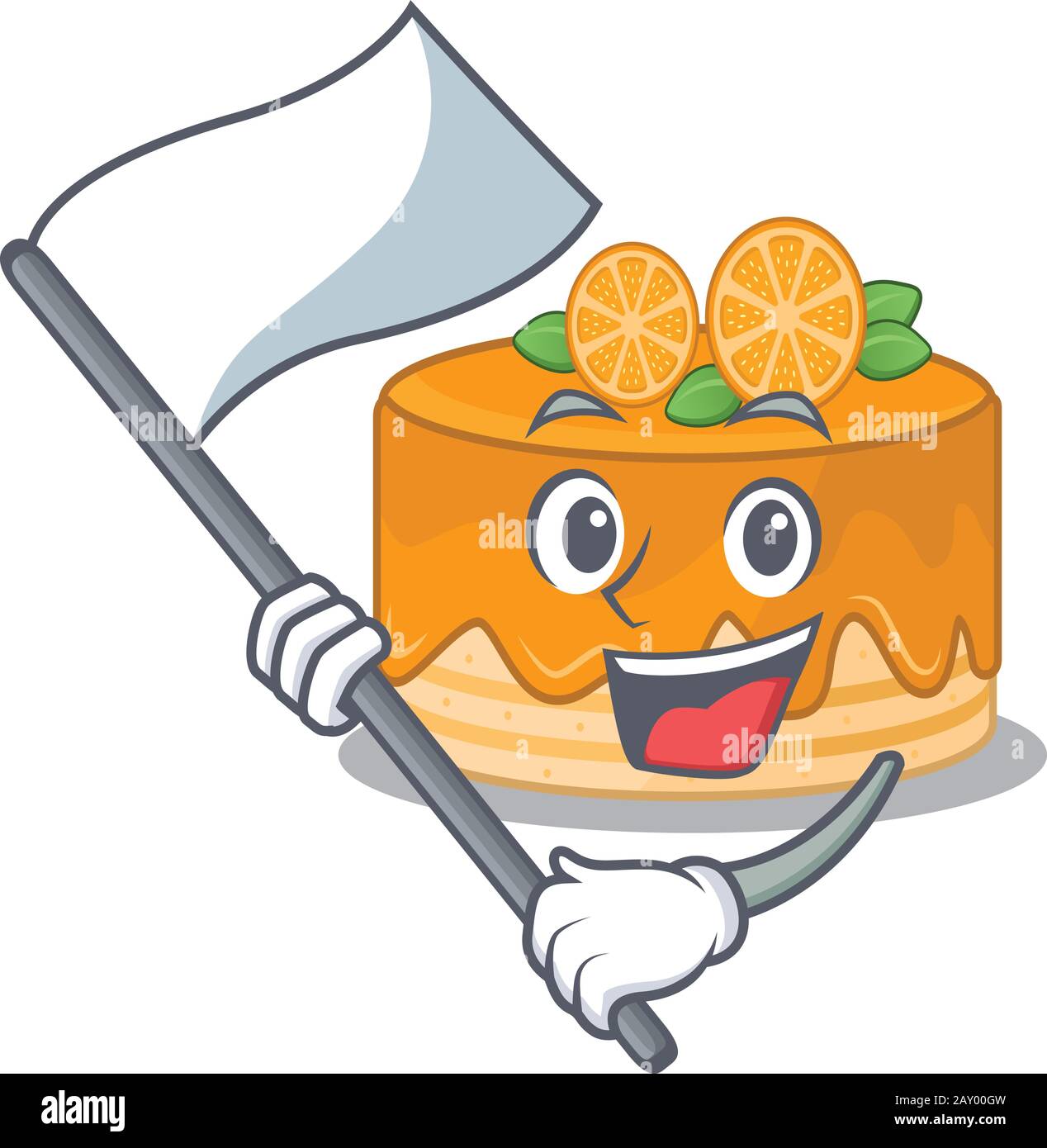 Funny orange cake cartoon character style holding a standing flag Stock