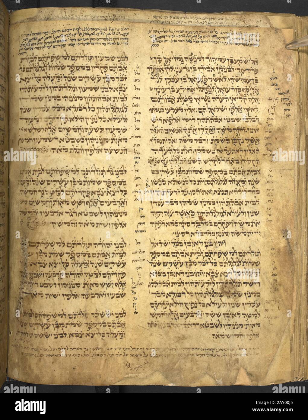 A Torah page from an ancient 12th century Torah with Targum Onkelos, verse-by-verse. Both are vocalized with simple superlinear (Babylonian) punctuation, but Tiberian vocalization has also been added in parts. This is an early example (11th-12th century) of the Torah with Onkelos according to the tradition of the Jews of Yemen. Stock Photo