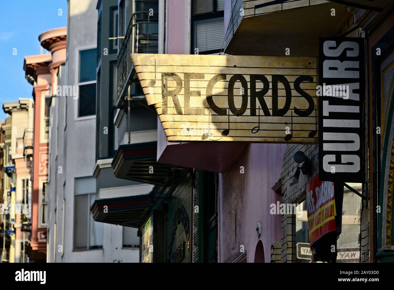 Billboard of a music store with records and guitars in North Beach, San Francisco, California, USA Stock Photo