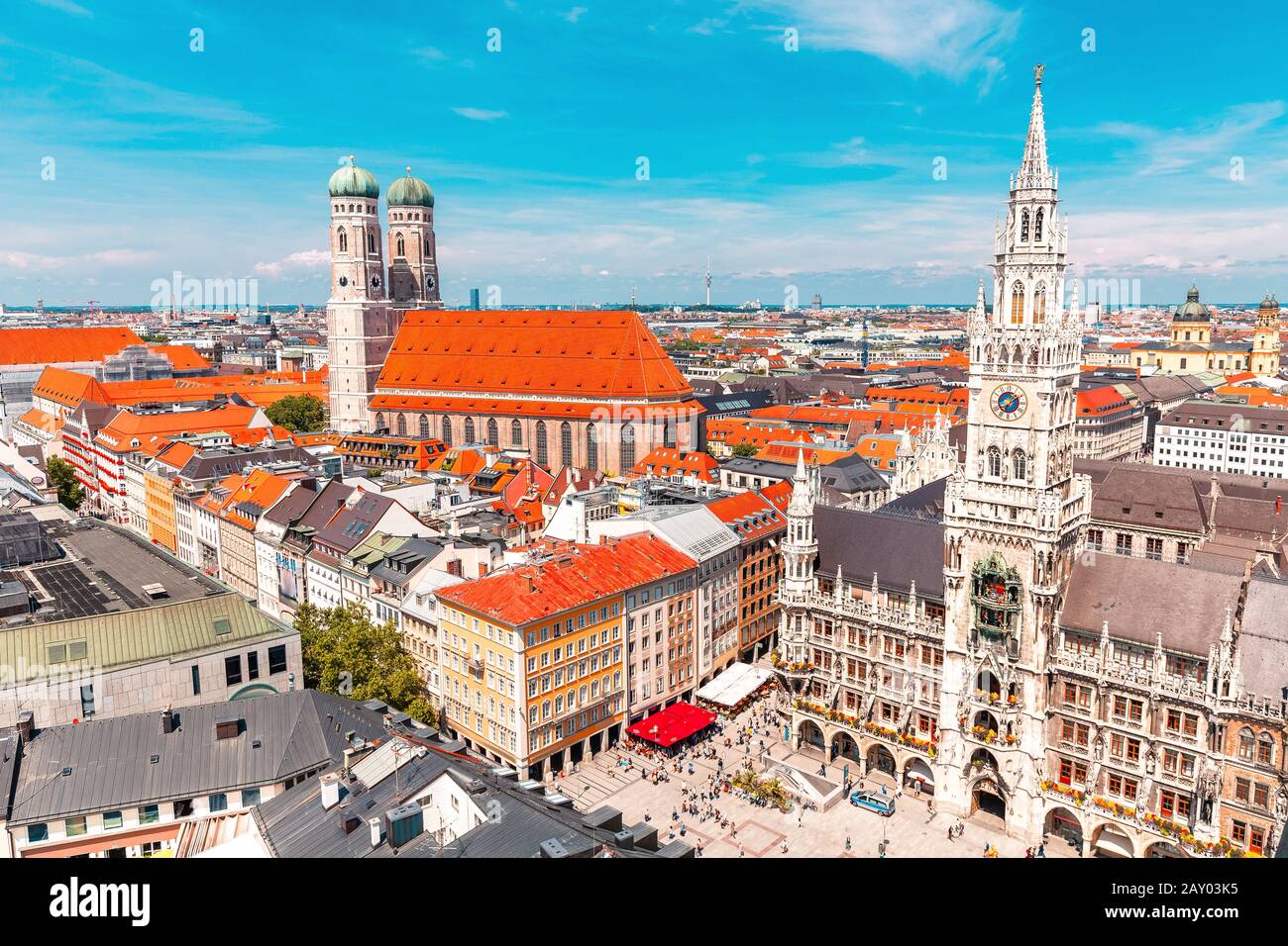 Panoramic aerial view of Munich Central square with town hall and Frauenkirche Church. Travel and sightseeing landmarks in Germany Stock Photo