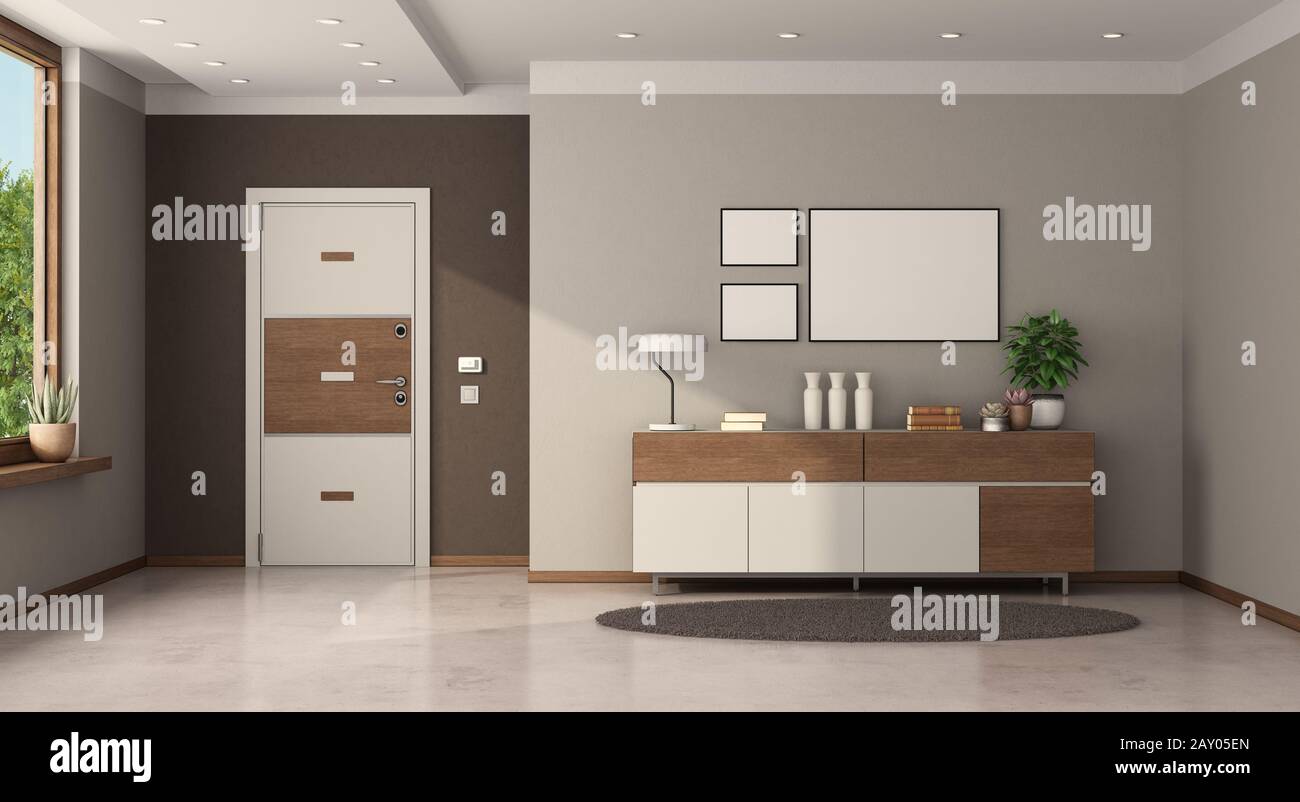 Entrance hallway with white door and sideboard with decor objects - 3d rendering Stock Photo