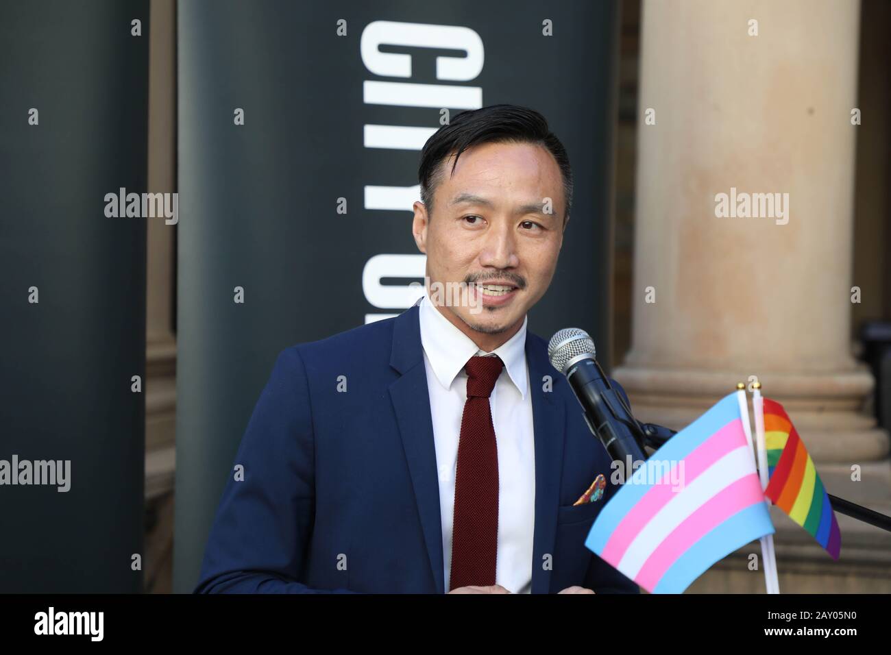Sydney, Australia. 14th February 2020. Speeches were made before the rainbow flag was raised above Sydney Town Hall to mark the launch of Mardi Gras, which runs from 14 February to 1 March 2020. Pictured: Mardi Gras Co-Chair Adrian Phoon. Credit: Richard Milnes/Alamy Live News Stock Photo