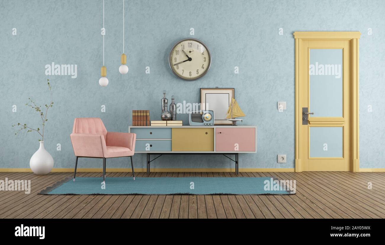 Colorful home entrance in vintage style with closed front door,armchair and sideboard - 3d rendering Stock Photo