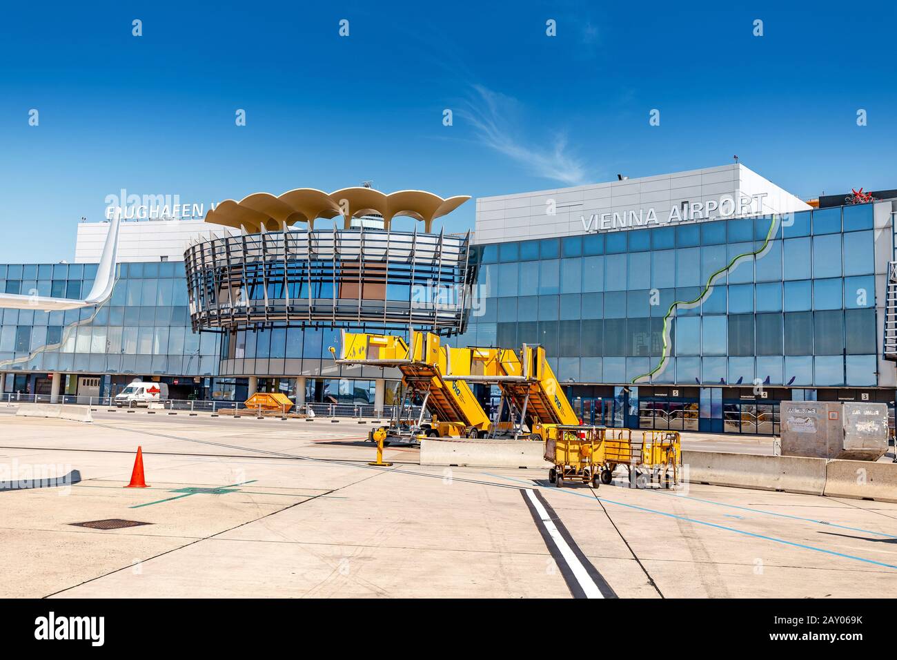09 August 2019, Vienna, Austria: The Vienna International Airport Schwechat building Stock Photo