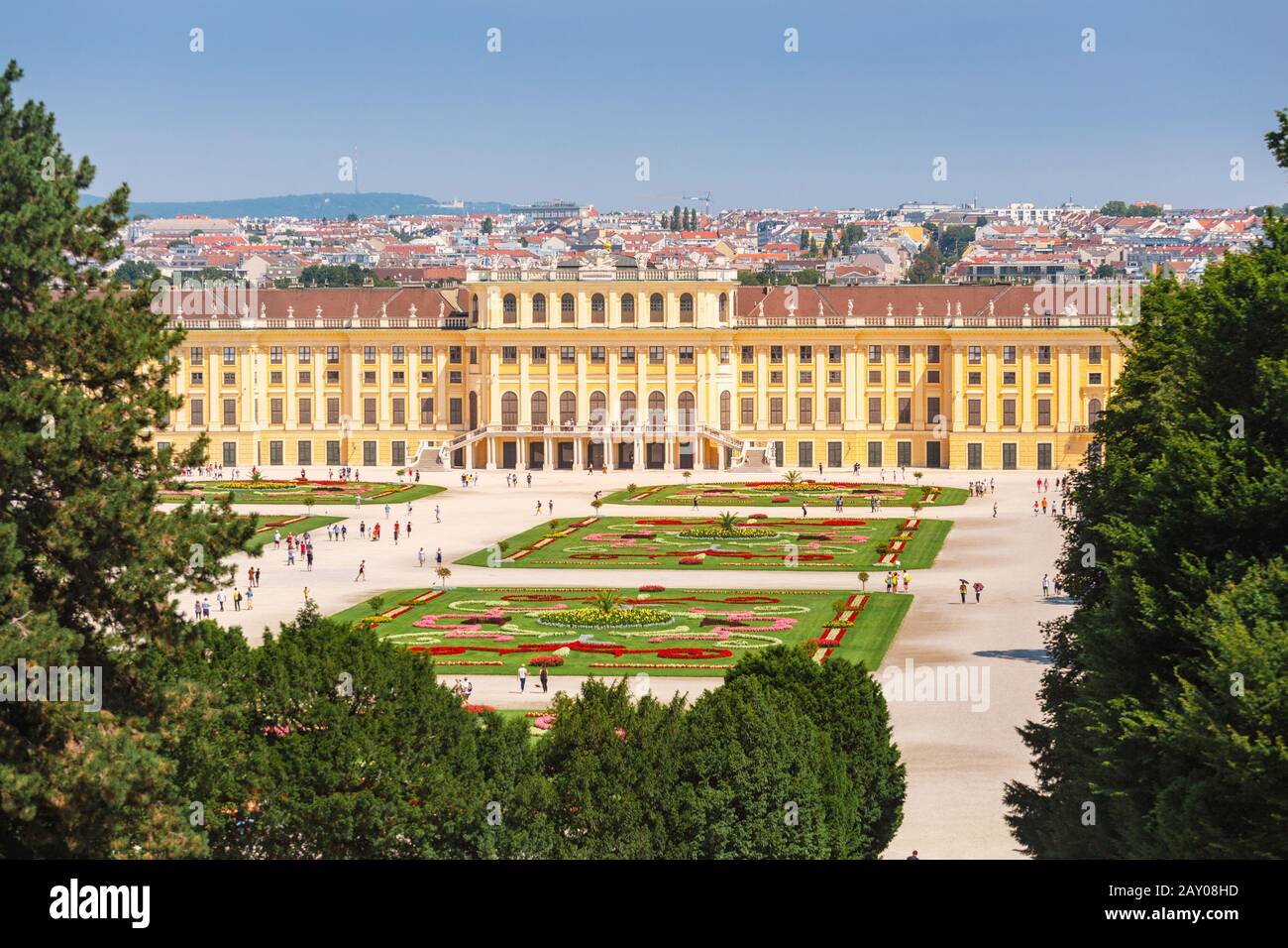 20 July 2019, Vienna, Austria: Tourists visiting famous Schonbrunn Palace, aerial view Stock Photo