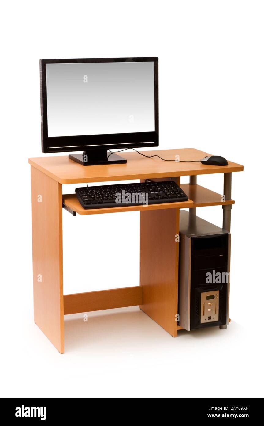 Computer Table Isolated Computer and desk isolated on the white Stock Photo - Alamy