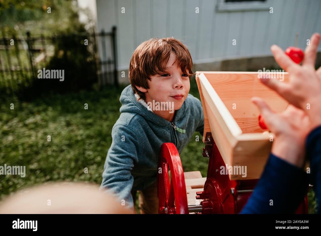 Boy helping press apples to make cider, USA Stock Photo