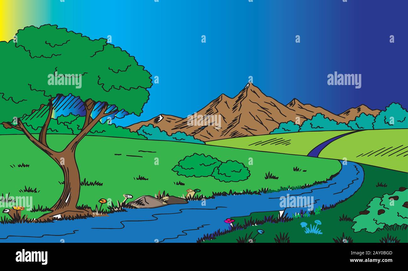 a natural view with hills and river Stock Vector