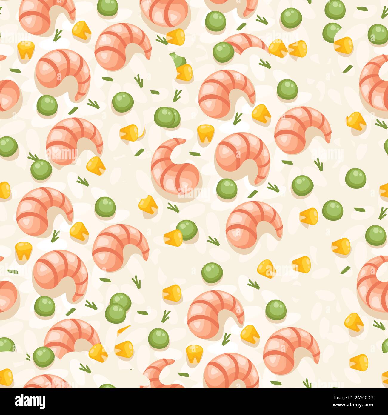 Seamless pattern of shrimp with green pea and corn seafood flat vector illustration on beige background. Stock Vector