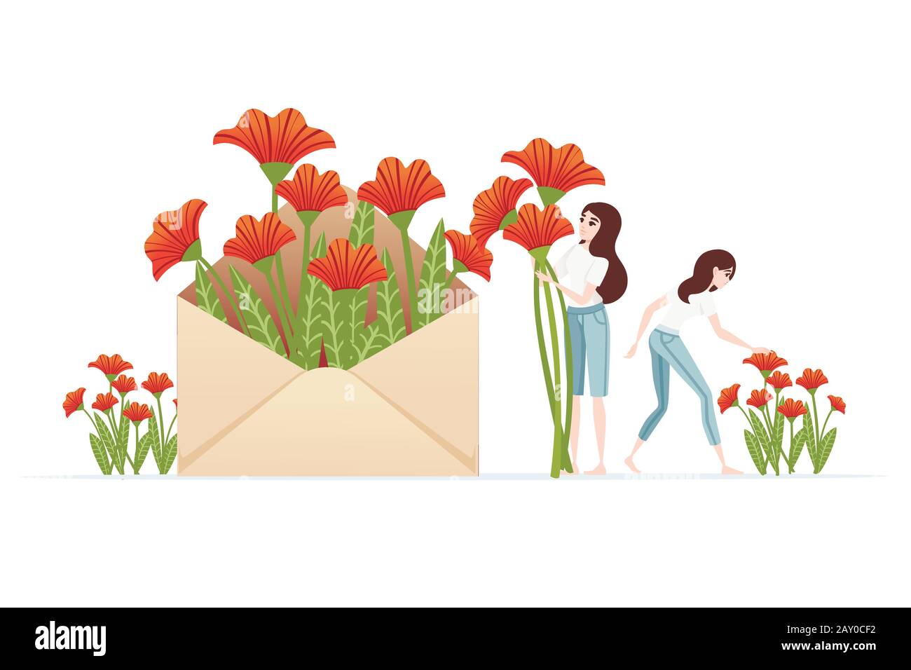 Paper envelope with red flowers and women picking flowers spring creative abstract design element flat vector illustration on white background. Stock Vector