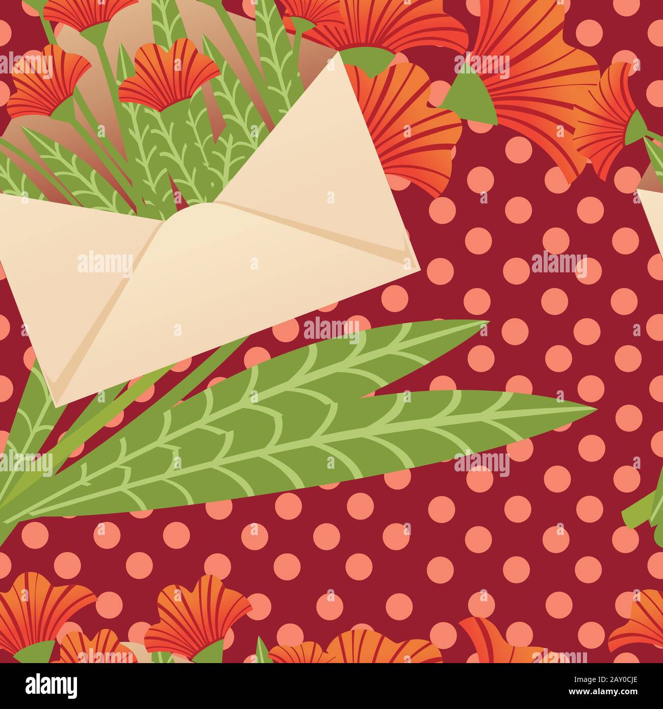 Seamless pattern paper envelope with red flowers spring creative abstract design element flat vector illustration on red dotted background. Stock Vector