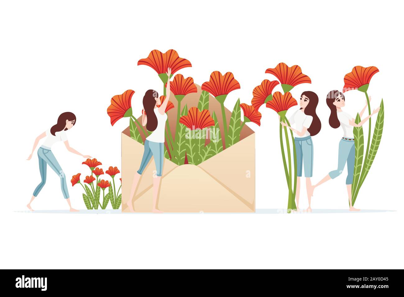 Paper envelope with red flowers and women picking flowers spring creative abstract design element flat vector illustration on white background. Stock Vector
