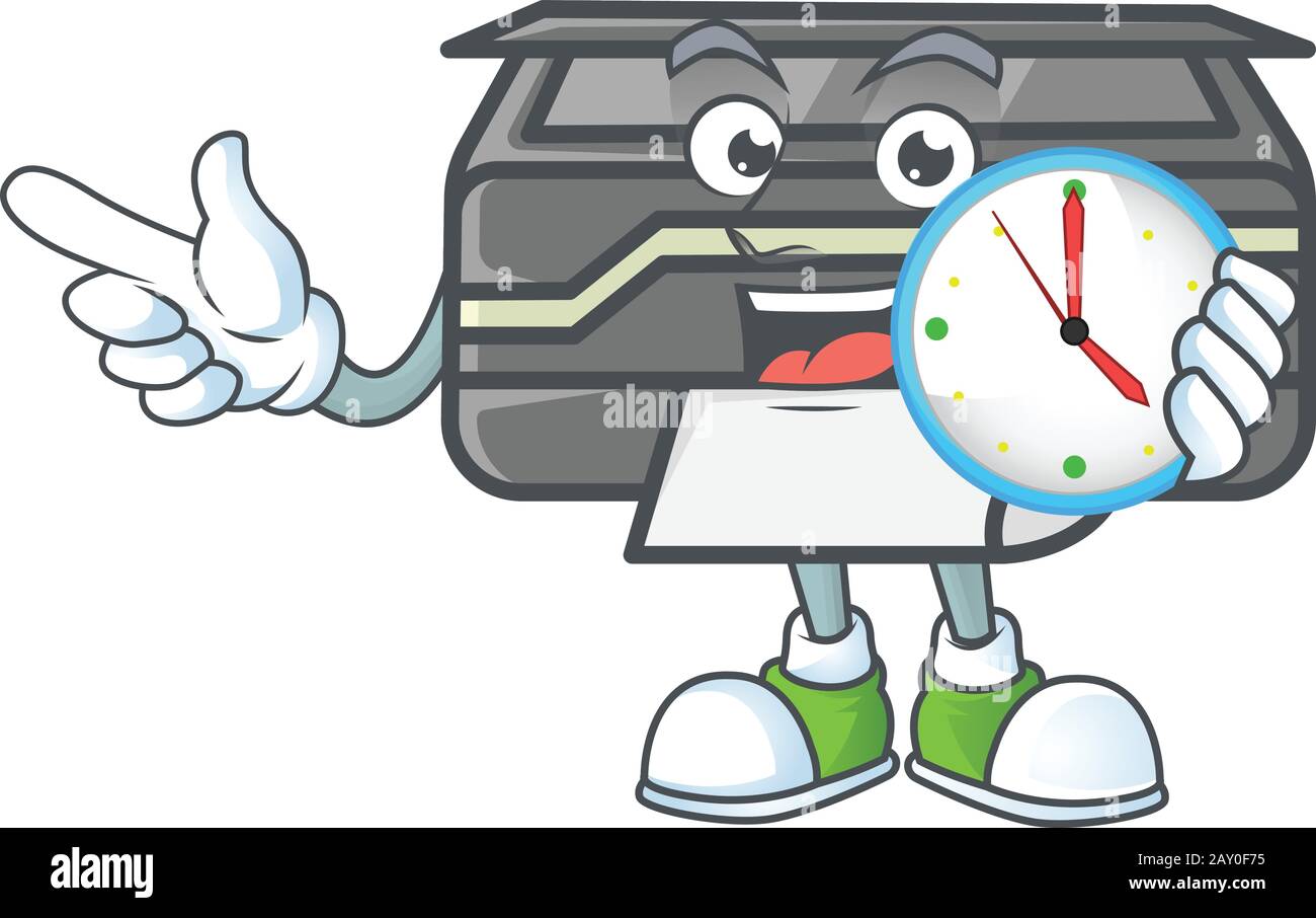 Printer cartoon character mascot style with a clock Stock Vector