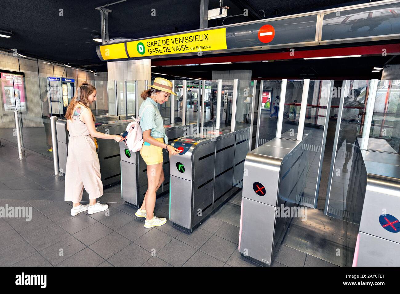 23 July 2019, Lyon, France Two girls undergo automated access control