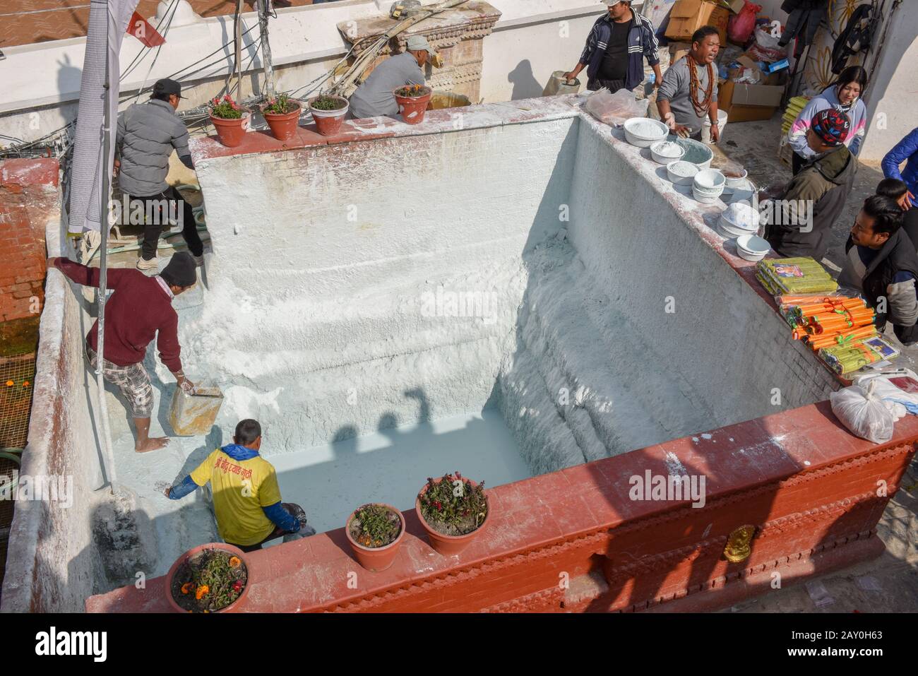 Kathmandu, Nepal 25 January 2020 people taking white paint to spill