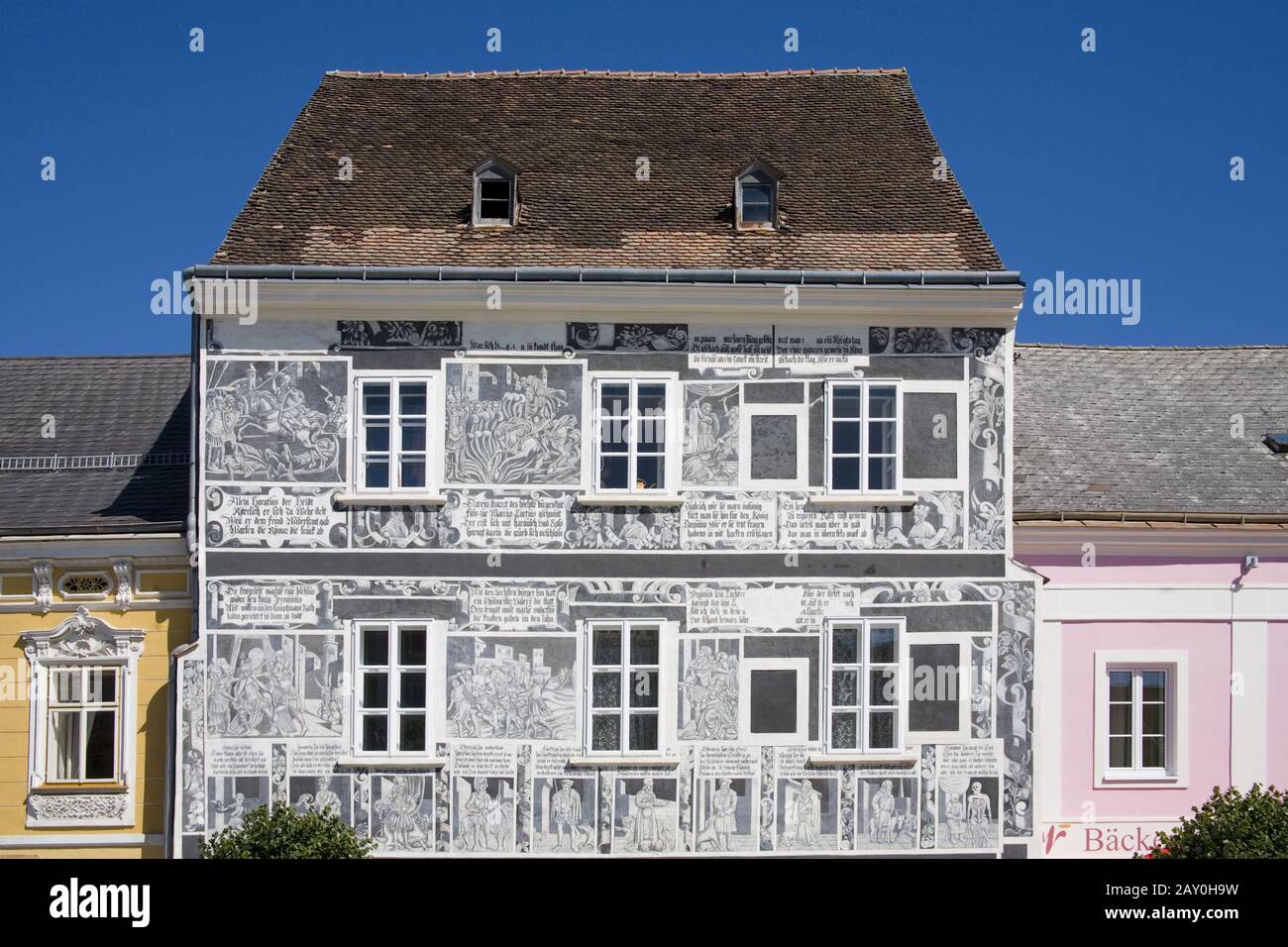Sgraffito house at the main square of Weitra, Waldviertel, Lower Austria, Austria - sgraffito house in Weitra, Waldviertel Regio Stock Photo